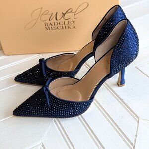 BADGLEY MISCHKA Sz 8 Terresa Navy Rhinestone D'Orsay Stiletto Pumps IOB